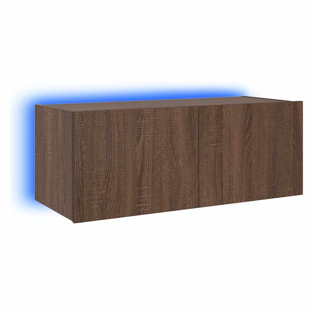 vidaXL TV Wall Cabinet with LED Lights, Floating TV Unit for Living Room Office, Wall Mounted TV Cabinet Floating Shelves, Modern Style, Brown Oak