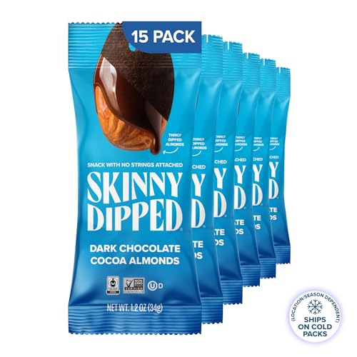 Image of SkinnyDipped Dark Chocolate Cocoa Almonds, 1.2oz Bags | 15 Pack | Crunchy Whole Almonds Thinly Dipped in Chocolate | Gluten Free | Plant Protein Snack Packs