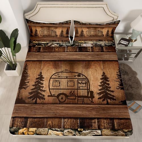 Erosebridal Kids Camper Twin Fitted Sheet Vintage Farmhouse Sheets for Boys Girls, Happy Camping Bed Sheets Rustic Lodge Cabin Bed Cover, Brown Old Barn Door Bed Set (Deep Pocket)
