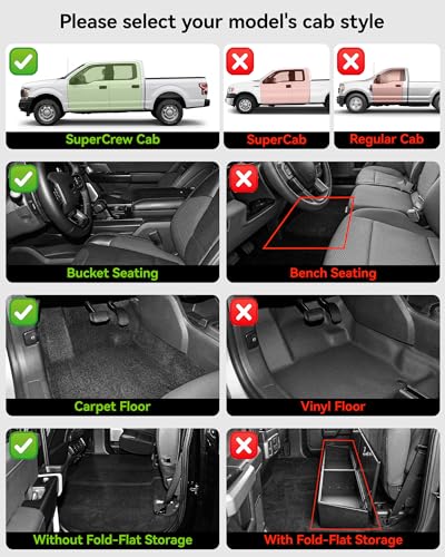 Image of 3W Floor Mats (with Metal Pedals) for Ford F-150 2015-2026 & F150 Lightning 2022-2025 SuperCrew (w /o Fold Flat Storage), TPE All Weather Custom Fit, Front & Rear 3PCS | Heavy Duty, Easy Clean - Black