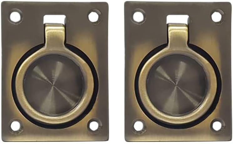 QCAA Solid Brass Flush Ring Pull, 2-1/2" x 1-7/8", Antique Brass, 2 Pack, Made in Taiwan