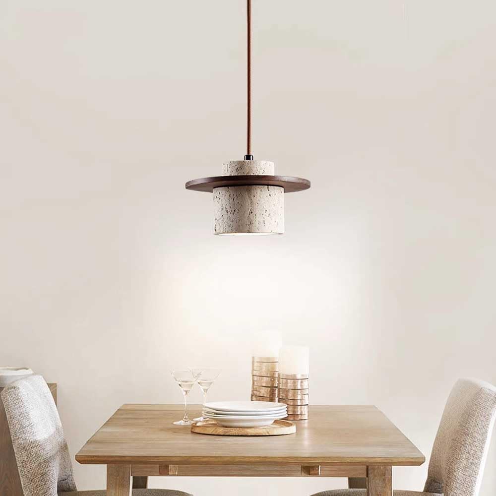 Style japonais moderne travertin suspension Wabi Sabi pierre suspension réglable en bois cuisine îlot luminaire mini cylindre éclairage suspendu pour restaurants, chambre à coucher, lustre E27