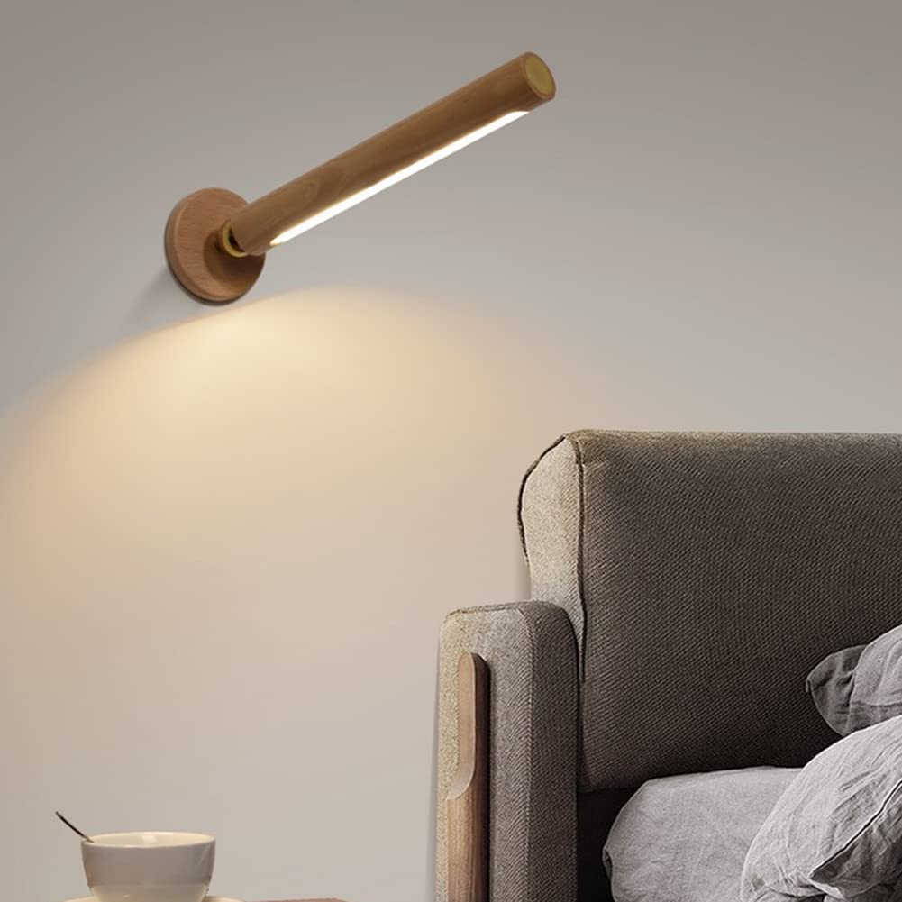 Applique da Parete Moderna a LED per Interni, Effetto Legno, 3W, orientabile a 350°, con Interruttore Touch e Spina, Cavo USB. Ideale per Camera da Letto, Comodino, Soggiorno, Stud