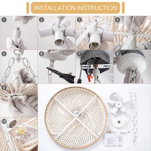 ELYCCUPA 5 Lights Bohemia Wood Beaded Chandelier Farmhouse Antique Rustic Pendant Light for Bedroom Kitchen Island Dining Living Room, White, Dia 22 Inch - Image 9