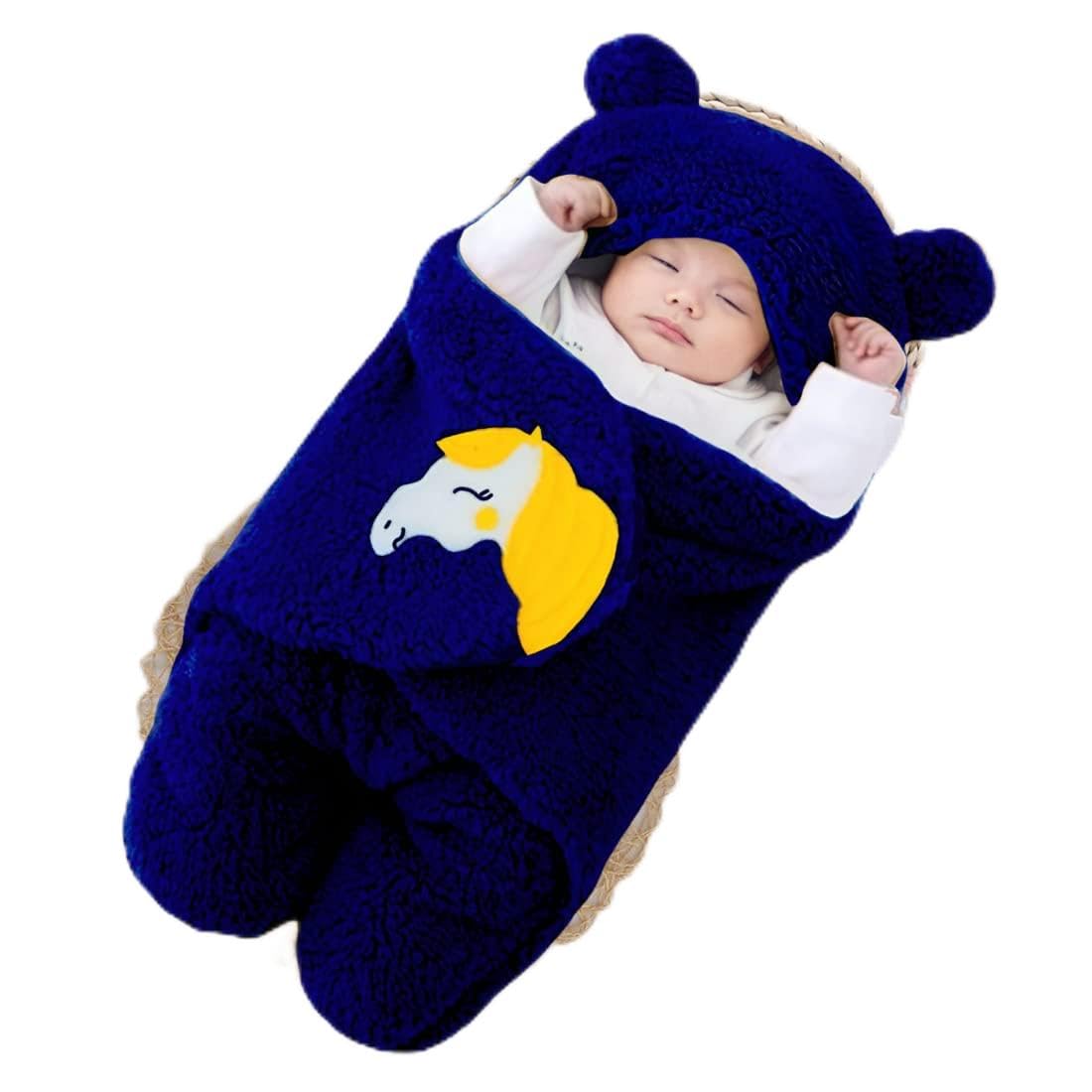 BRANDONN Baby Blanket New Born Pack of Wearable Flannel 0-6 Months Hooded Swaddle Wrapper Blanket, Navy Blue, Lightweight