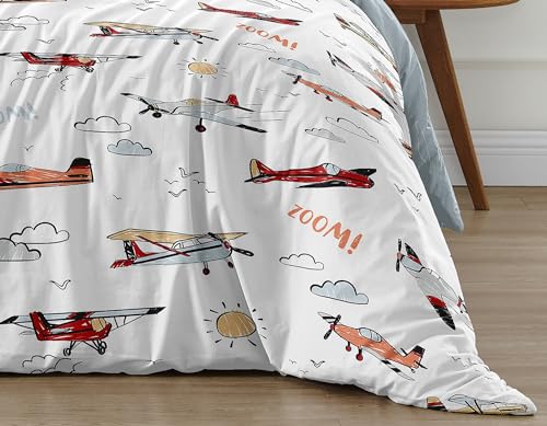 Image of Sweet Jojo Designs 2-Piece Twin Comforter Set (Red Vintage Airplane) for Boys, Children, Kids Bedding, Bed in a Bag incl. Blanket & Pillow Sham (Airplanes, Transportation, Clouds, Sun, Sky, Blue)