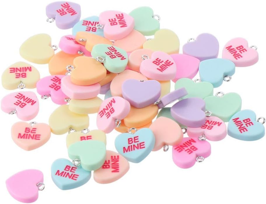 50Pcs Candy Heart Charms Pendant Love Shaped Keychain Resin Dangle Charms for Necklace Jewelry Making