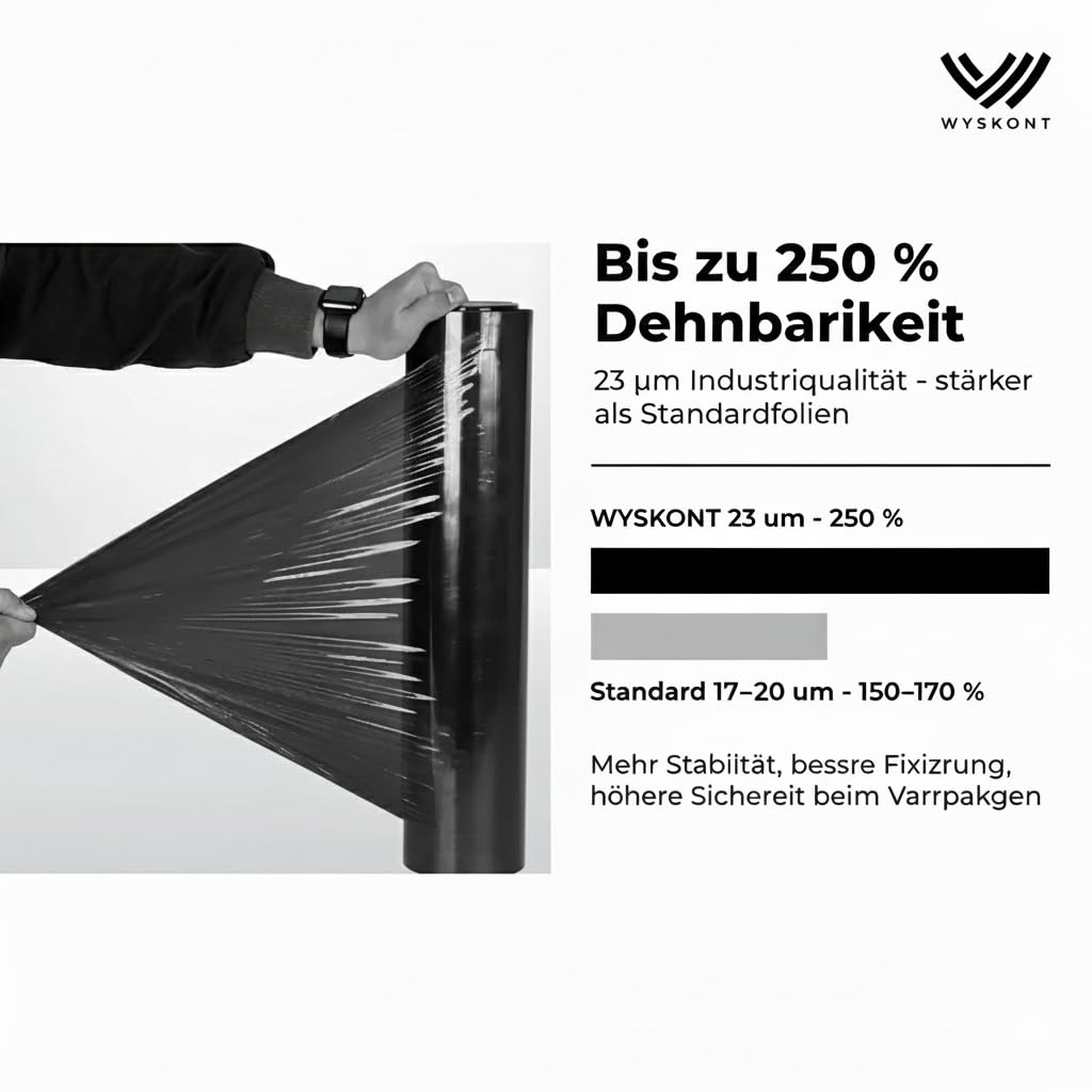 Stretchfolie 23 µm – 2,5 kg • 2,2 KG netto • 250 m • 50 cm Breite | Premium-Handstretchfolie für Verpackung, Paletten, Umzug & Versand | Reißfest, elastisch | Industriequalität | Schwarz | 6 Stück
