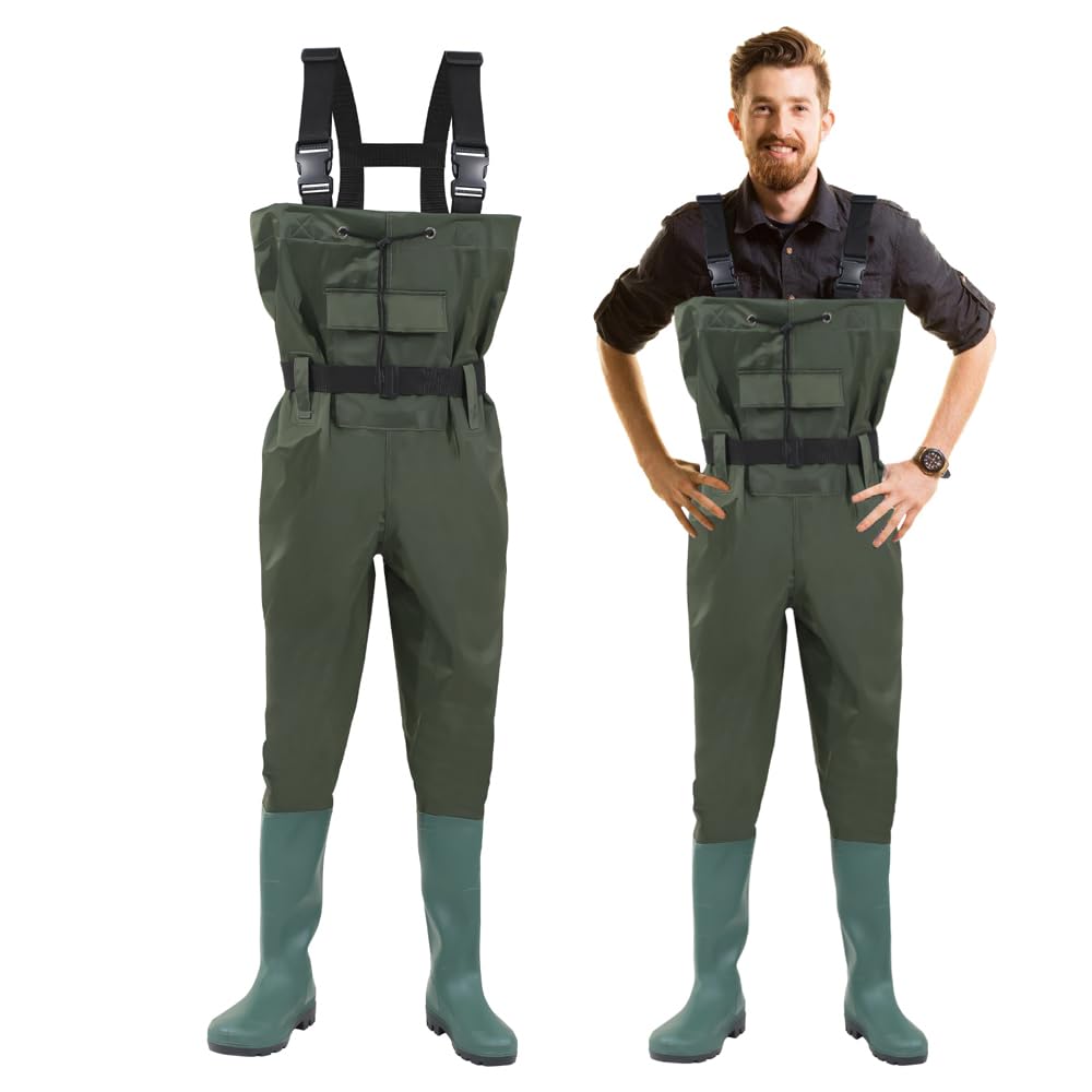 Waders Hommes Pantalon de pêche 70D Nylon Composite PVC avec bottes en caoutchouc antidérapantes