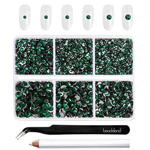 Beadsland 4300pcs Flatback Green Nail Gems Round Crystal Rhinestones for Crafts Mixed 6 Sizes with Picking Tweezers and Wax Pencil Kit