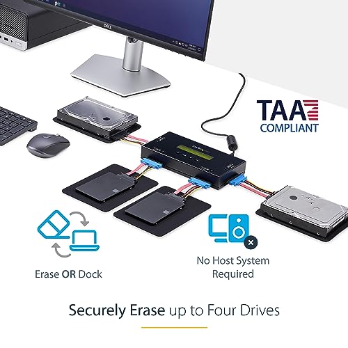 Image of StarTech.com 4 Bay SSD /HDD Hard Drive Eraser, 2.5 /3.5 inch SATA, Hostless Standalone Secure Erase, Disk Sanitizer, Hardware Wiper Erasing Tool, 9 Modes, RS232 Printer Port, NIST /DOD, LCD, TAA (SATERASER4)