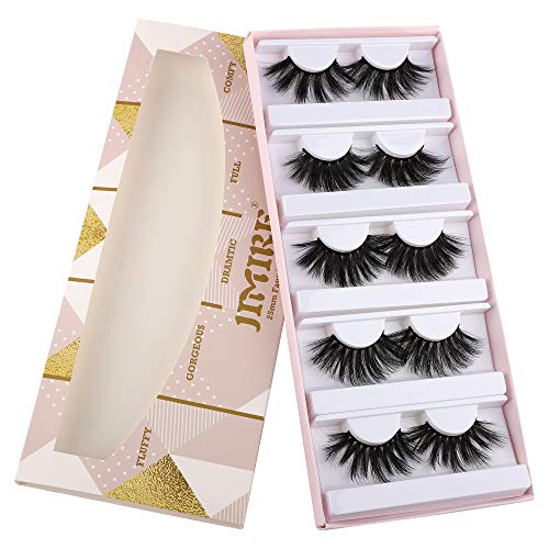 JIMIRE 25MM Faux Mink Eyelashes 5 Different Styles False Eyelashes Fluffy Long Volume Lashes Pack with Portable Eyelash Boxes 5 Pairs (5D-66)