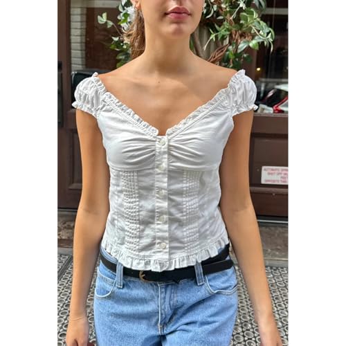 Women's Summer Button Down Crop Tops Cap Sleeve Y2k Slim Fitted Shirts Babydoll Coquette Tops Blouse2