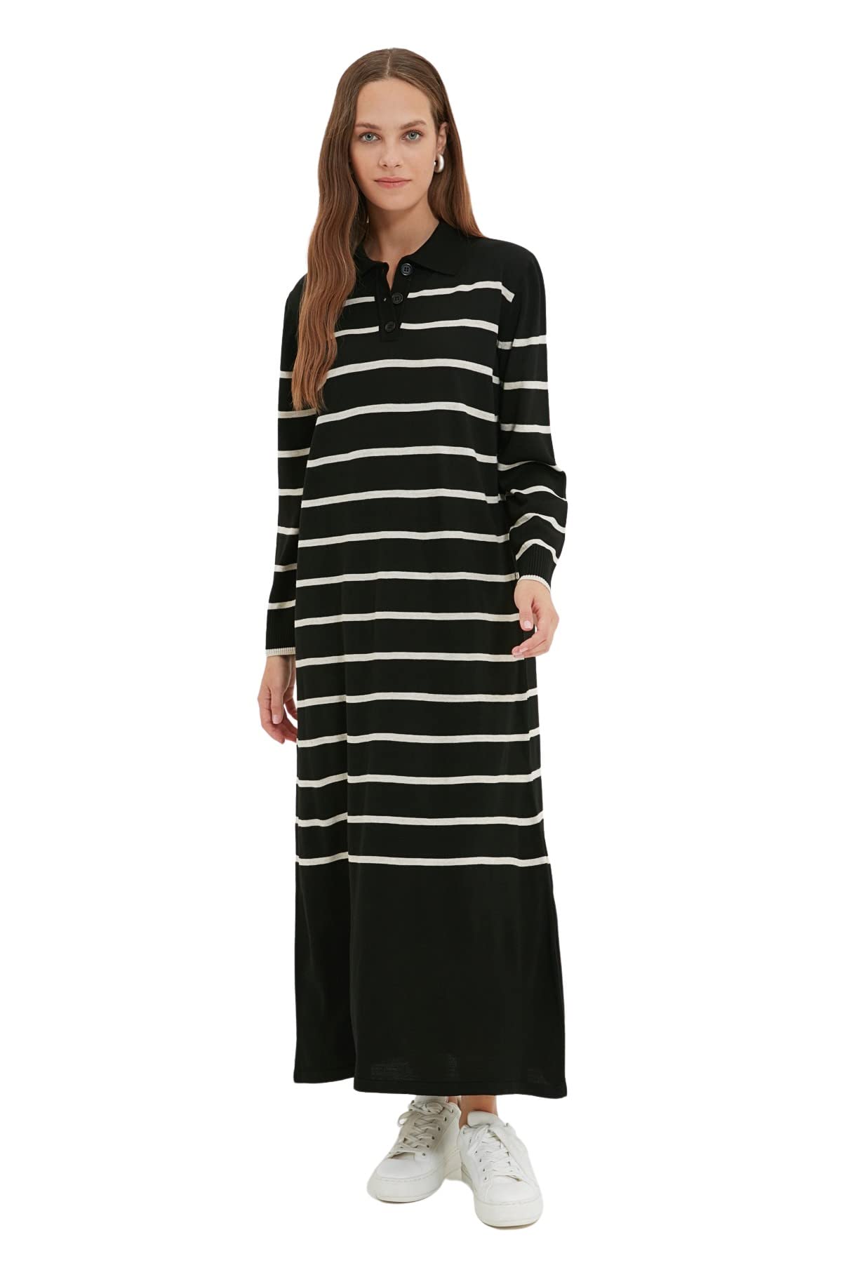 Trendyol Modest Women's Beige Polo Neck Striped Knitwear Dress Tctaw22eb0212.. Beige/Black/Brown