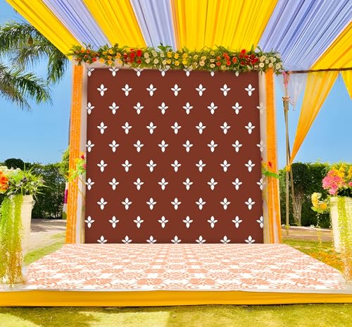 Image of Wedding and Pooja Backdrop (8FT-8FT) | Muhurtham Mandap Background Cloth | Brown Floral Printed Festive Backdrop | Pooja & Wedding Decoration