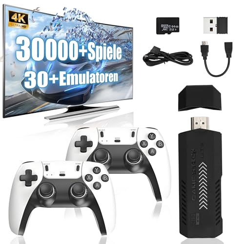 X2 Ultra Retro Spiel Stick 4K, Videospielkonsole mit 64 GB TF Karte, 30000+ Retro Spiele + 30 Emulatoren, 2,4 GHz Funkcontroller, Plug and Play Videospielstick für Fernseher/Monitor/Projektor (Weiß)