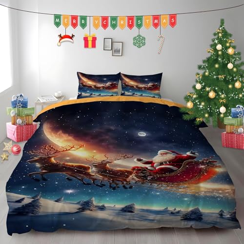 布団カバー ダブル サンタクロース|マイクロファイバー 掛け布団カバー 190x210 +枕カバー 2枚 3点セット|吸汗速乾・防静電気・洗濯耐久|肌ざわり最高 そりとトナカイ なプリントデザイン PH946