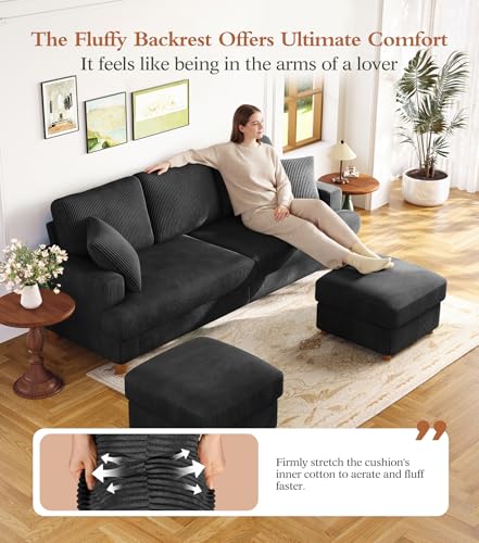 Image of Kidirect 87in U Shaped Couch, Modular Sofa No Tool Assembly, Comfy Sectional Couches for Living Room 21in Deeper Seats, Corduroy Sofas for Living Room with 2 Pillows, Loveseat Sofa Set, Black Couch