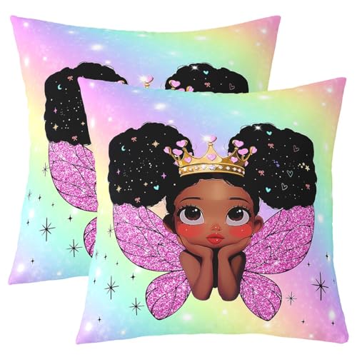 Loussiesd Lindas fundas de cojín de niña negra con diseño de alas de princesa, fundas de almohada de microfibra afroamericana, ropa de cama para niños, decoración de dormitorio, arcoíris mágico, suave