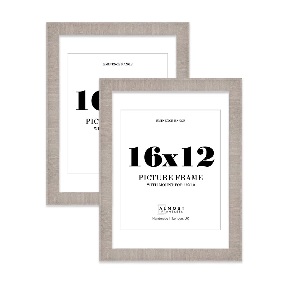 16x12" Grey Picture Frame with 12x10" Mount - Shabby Chic Photo Frame with Distressed Finish, Wall Hooks, 32mm Edge - 2 Pack