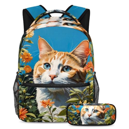 Ensemble 2 sacs d'école avec trousse imprimé chat et fleur tendance pour enfants et adolescents