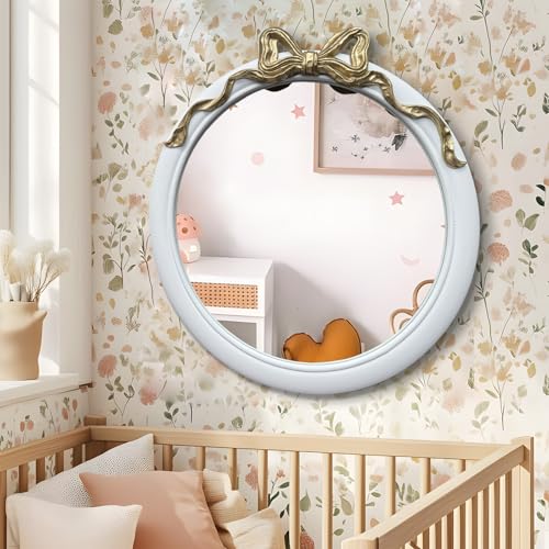 Image of 28x28 inch Gold and White Bow Mirrors for Wall, Round /Circle God Decorative Wall Mounted Mirror, Irregular Mirrors Suitable for Bedroom, Hallway, Living Room Decoration, Nursery, Girls Room