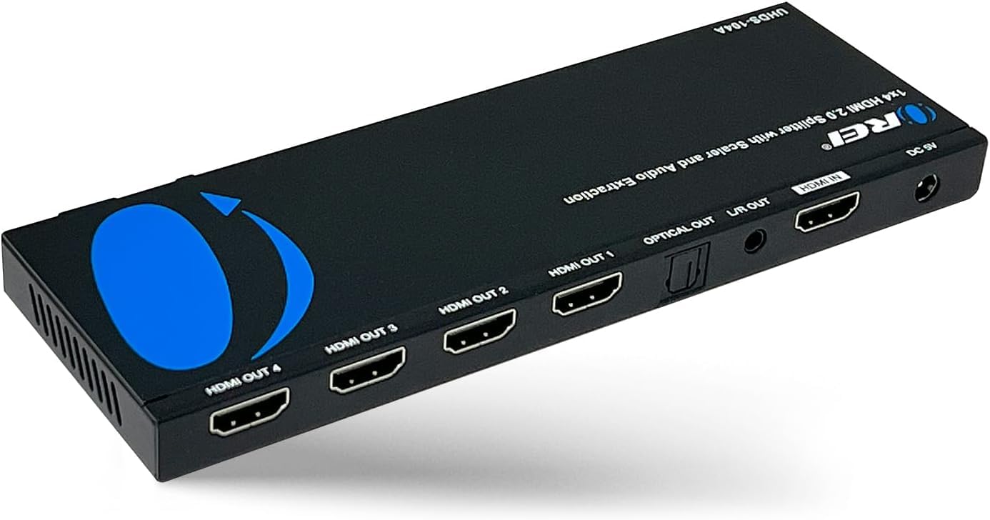 OREI 1x4 2.0 HDMI Splitter with Scaler Audio Extractor 4 Ports with Full Ultra HDCP 2.4K at 60Hz & 3D Supports EDID Control - UHDS-104A