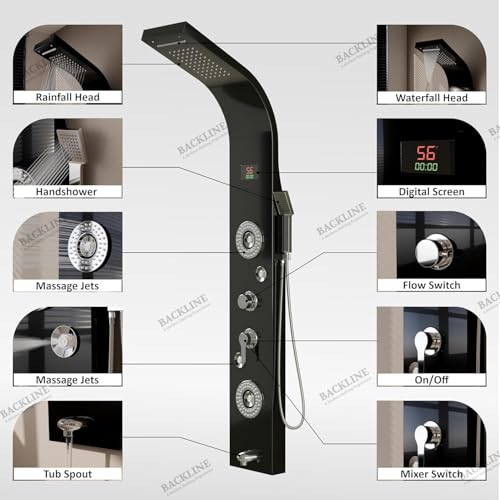 Image of Backline Stainless Steel 304 Grade Shower Panel For Bathroom 6 in 1 Shower With LED Rainfall Shower Panel | Body Massage | Overhead Shower | Body Jet | Hand Shower (Black Mirror Finish)