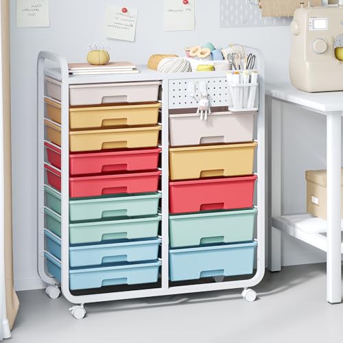 14-Schubladen-Rollwagen-Badrollwagen-Schubladenwagen mit Lochplatte, Aufbewahrungswagen mit Rädern und Griffen für Werkstatt Büro Küche,Multicolor