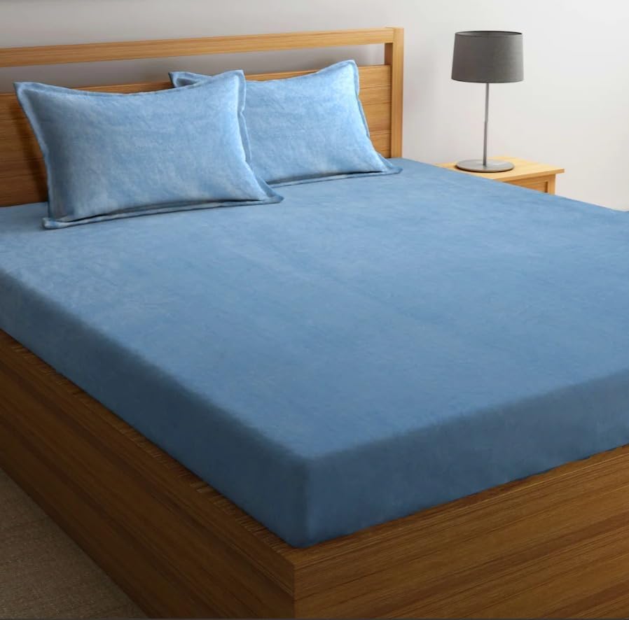 Image of Sands 300TC Luxurious Bedsheets for Winter, Heavy Velvet Bedsheets, King Size Fitted Warm Double Bedsheet, 72 x 78 x 10 inches, with 2 Pillow Covers, Zipper Closer (Sky)