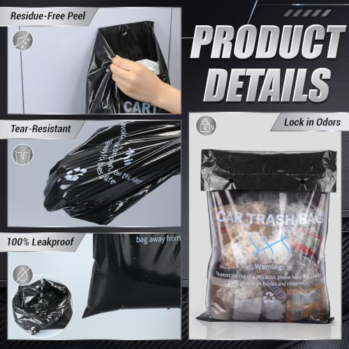 Image of Jetec 500 Pcs Disposable Car Trash Bags Bulk Self Adhesive | Leakproof, Odor Proof Hanging Garbage Bags for Car, Reserved Hanging Holes Easy Stick on Trash Can for Vehicle, Stroller