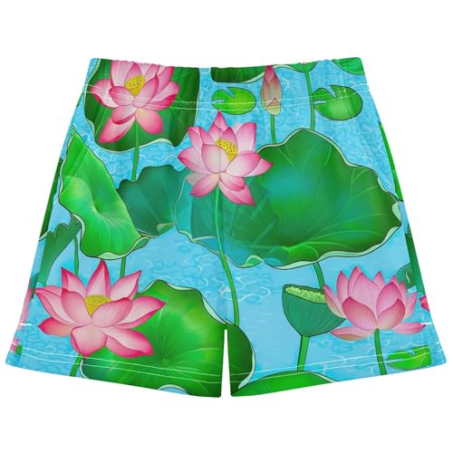 Girls Athletic Shorts Vibrant Pink Lotus Green Leaves Cute Floral Summer Comfy Pajama Shorts Kids Teens, X-Small