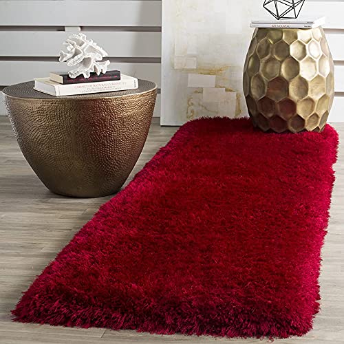 Image of Anti Skid Plain Shaggy Soft Fur Bedside Runner Rug, Carpet for Living Room, Carpet for Bedroom, Rugs for Living Room, Kitchen (Red Colour, 2 x 5, Microfiber)
