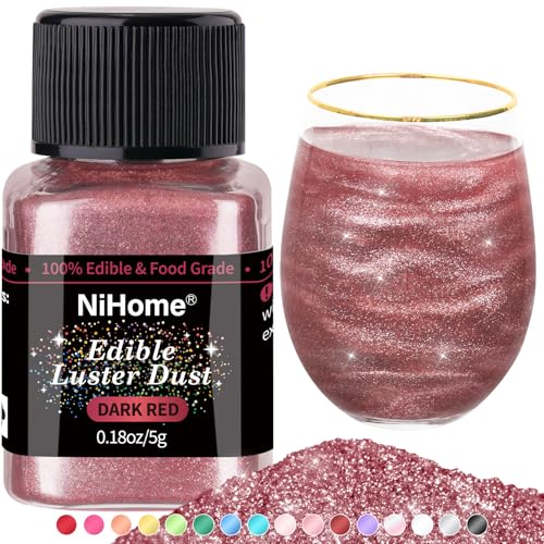 NiHome Edible Glitter Luster Dust for Drinks, Dessert, Vegan, Dark Red