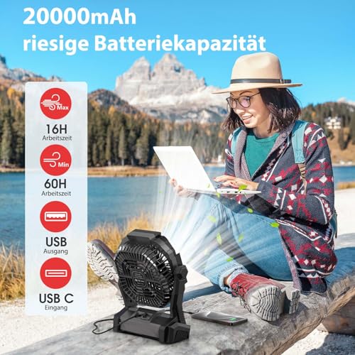 PDBEST Batteriebetriebener Ventilator 20000mAh Kabellos, Wiederaufladbarer Tragbarer Ventilator mit LED-Laterne, Tischventilator, USB-C-Akku Campingventilator für Reisen, Strand, Schwarz Black – Bild 4