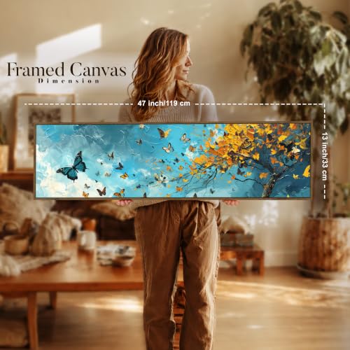 Image of Large Canvas Painting Panel Framed Wall Painting Blue and Yellow Butterfly Tree Framed Luxury Paintings for Home Decoration, Living room, Bedroom and Office Decor (Blue, 13x47 Inch)