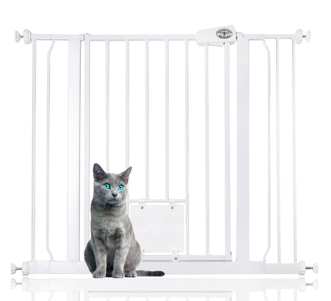 Bettacare Pet Gate with Lockable Cat Flap, 94.3cm - 102.3cm, White, 75cm in Height, Dog Safety Barrier with Cat Flap, Easy Installation