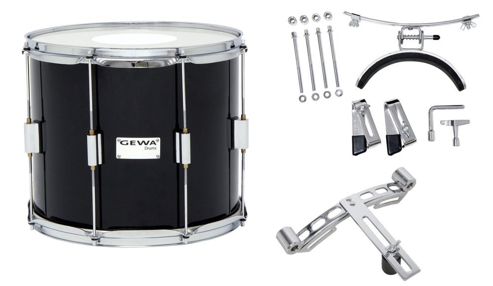 GEWA tamburo da marcia/tamburo tenore, fusto in betulla nero, 14 x 10", 8 tiranti, pelli Remo USA, incl. piastra forata e supporto per ginocchio