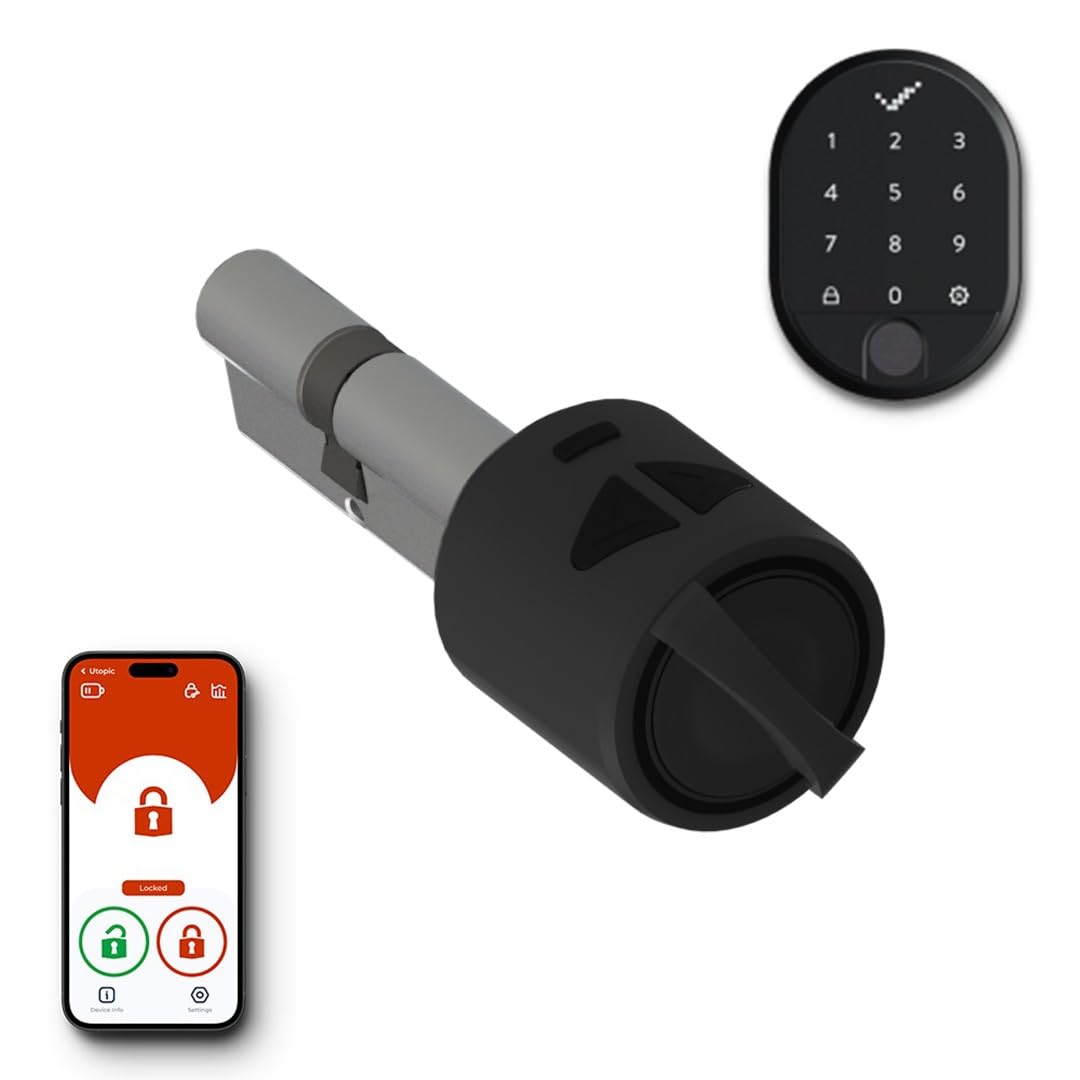 Desi Utopic R Motorlu Silindir Akıllı Kilit, Telefondan Kontrol ve Şarj Edilebilir Pilli Akıllı Kapı Kilidi - Kolay Montaj, Deliksiz Montaj (Siyah Utopic R + Parmak İzi/Şifre)