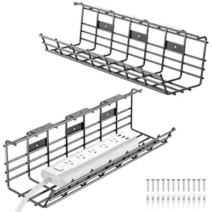 Cable Management Tray, 34in Under Desk Cable Tray, Metal Cable Tray to Hide Cables and Power Strips, Under Desk Cable Management Tray for Home and Office, 2X L17in x W4.1in x H4.7in, Black