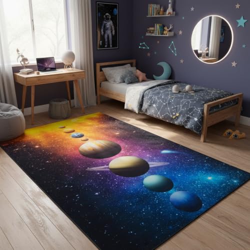 TAPISO Cosmo Game Teppich Kinderzimmer Kosmos | Kinderteppich Spielteppich Kinder Bunter Lernteppich Weltraum | Kurzflor, rutschfest, Pflegeleicht, Pädagogisch Dekorativ 200 x 300 cm