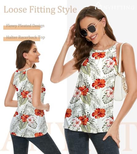 Image of Women Halter Tank Top with Built in Bra Flowy Sleevless Padded Camisole Loose Fit Summer Shirt Top S-3XL