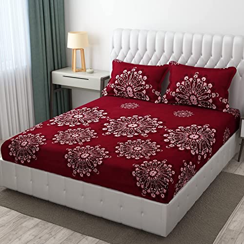 Image of Castiqa Elastic Fitted Supersoft Premium Brushed Cotton 200TC King Size Bedsheets with 2 Pillow Covers (Fits Upto Mattress of 10 Inches) (King (72x78), Wine Mandala)
