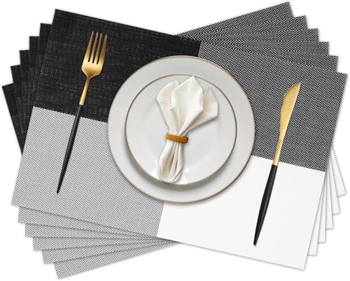 Image of Placemats Set of 6 Dining Table Place Mats | Placemats Table Mat PVC Material | Non-Slip Heat Resistant | Dining Tablemates Washable Anti-Skid | Size 45 x 30cm (Black White Lattice Block)