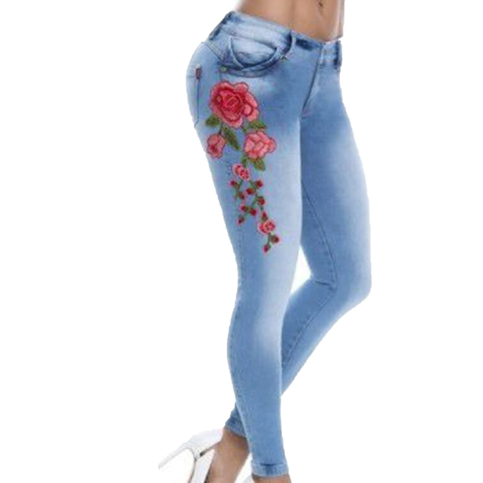 Women's Stretch Embroidered Washed Denim Trousers Slim Fit Flower Skinny Pencil Jeans Pocket Floral Tight Jeans