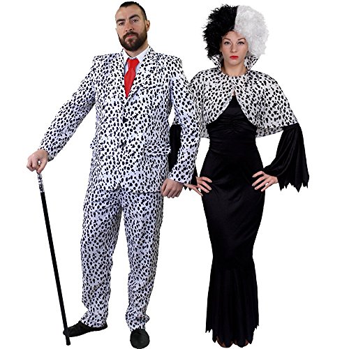 Déguisement pour couple adulte style dalmatien avec pour l'Homme XXL une veste et un pantalon + cravate rouge et pour la Femme XL une robe noire + une cape couvre épaules + une perruque.