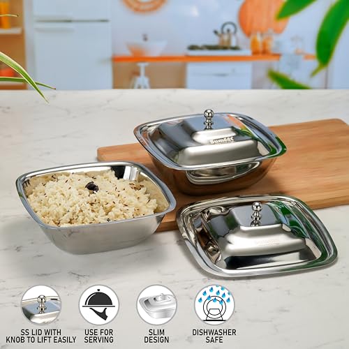Image of Sumeet Stainless Steel Square Serving Bowl /Curry Bowl /Gravy Pot with lid, 1250ml capacity, 18.8cm Dia, Set of 2 Pcs, Silver
