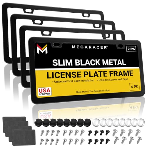 Image of Premium Slim Matte Black License Plate Frames - Best Value 4 Pack, Rust-Free Stainless Steel & Rattle-Free, Street Legal, Universal with Screw Caps, Thin Edged Metal Front & Rear Car Tag Holders