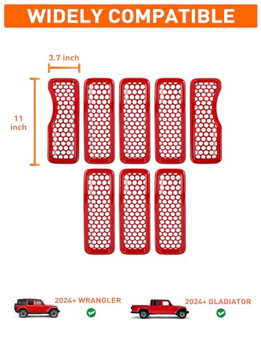 Image of Savadicar Front Grill Inserts for 2024-2025 Jeep Wrangler JL JLU 4XE & Gladiator JT - Elevate Your Wrangler's Aesthetics with Front Mesh Grille Cover Guard, Exterior Trim Accessories, 7 PCs, Red