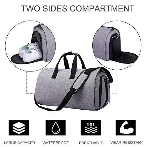 Convertible Garment Bag Carry on Travel Suit Bag with Shoulder Strap, Shoes Compartment - 2 in 1 Waterproof Gym Sport Duffle Bag for Men Women